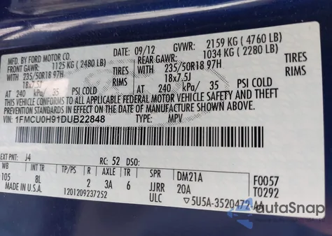 2013 Ford Escape Sel из США, поврежденный, VIN 1FMCU0H91DUB22848